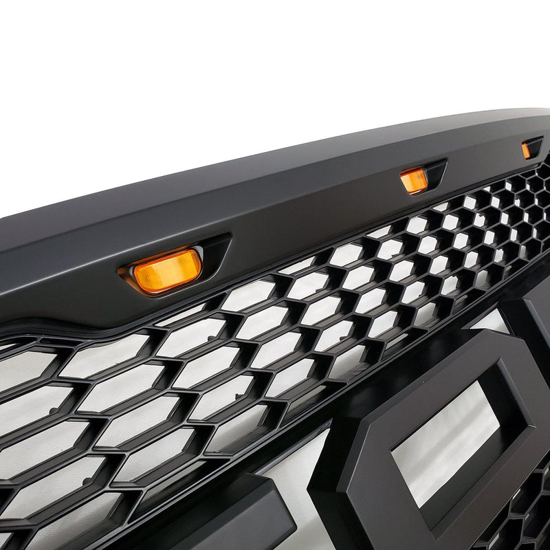 Ford Grille for 2004-08 Ford F150 - Raptor Mesh Style Full Front Grill with Three LED Lights (Matte Black) - Galaxy Auto CA